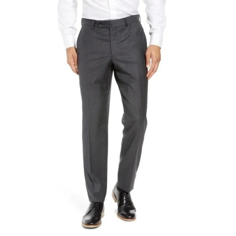 Ted Baker London Jefferson Charcoal Gray Micro-Plaid Virgin Wool Dress Pants 35R